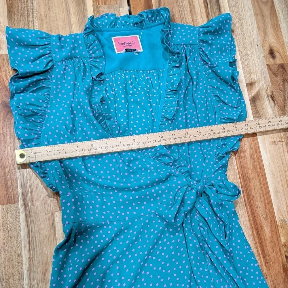 Kate Spade Polka Dot Ruffle Wrap Midi Dress 4 Poolside Green Pink Belted